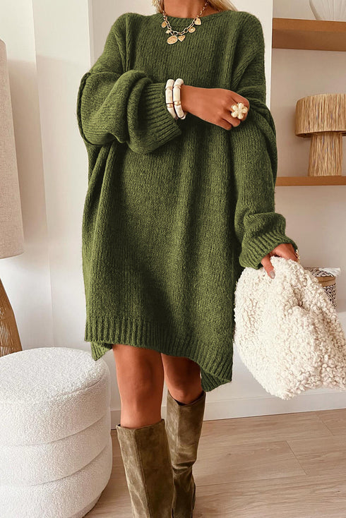 Oversized Drop Shoulder Crewneck Ribbed Trim Slouchy Knit Sweater Dress